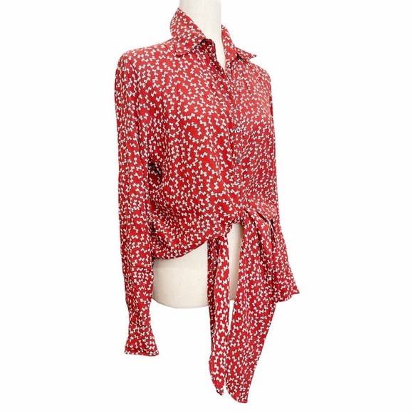 Faithfull the Brand Red Print Bow Tie Front Shirt Oversized 2 - Picture 6 of 9